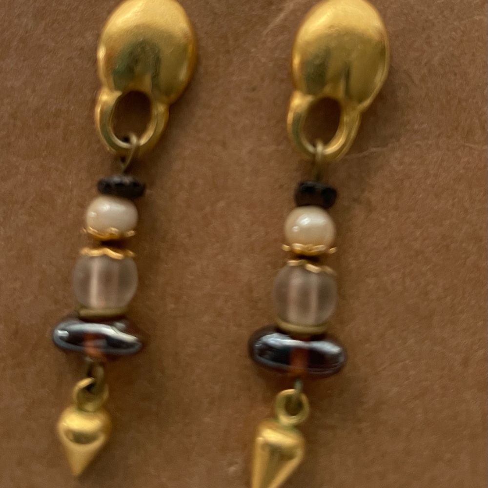 Gold-Tone Bead Drop Earrings with Pearl and Brown Accents